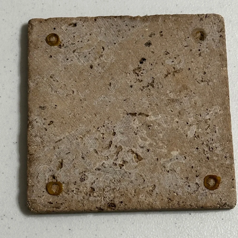 Vintage Travertine Stone Coaster Sunburst Sun Geometric Red Green Tan 6 x 6 Tile
